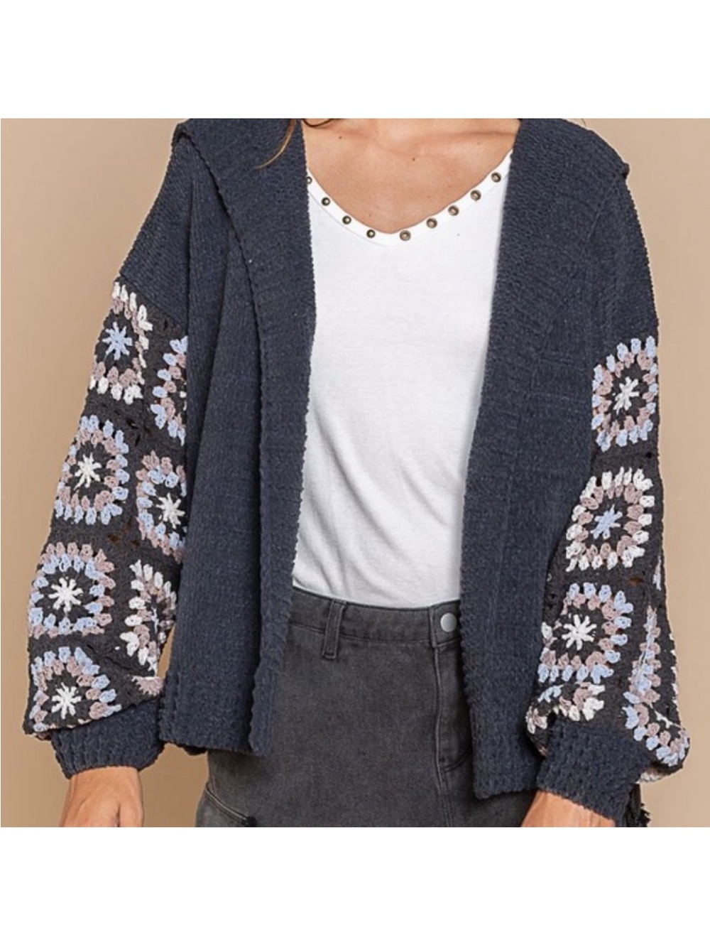 New: POL Knit Hooded Cardigan Sweater With Patchwork Crochet Long Sleeves• Small